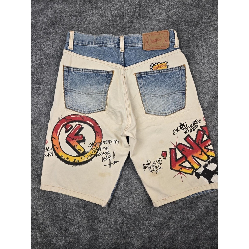Vintage ENERGIE WICKY HASSAN Denim Jean Shorts Slim Sz 26 Waist Graffiti Y2K #73